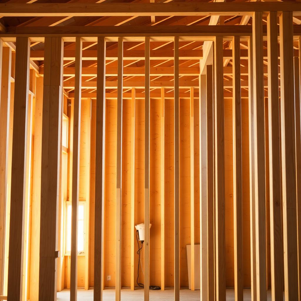 Interior wood stud framing and header beams of a residential addition, lit by afternoon sun