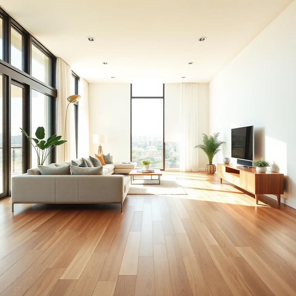 Warm-toned wide-plank hardwood floor in a bright furnished living room with tall windows